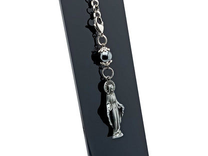 Our Lady of Grace unique rosary beads pewter medal with hematite gemstone bead on lobster purse clip.