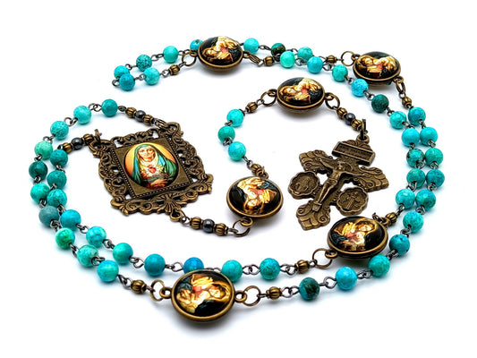 Our Lady of Sorrows unique rosary beads vintage style with turquoise gemstone beads and Our Lady of Divine Providence linking medals.