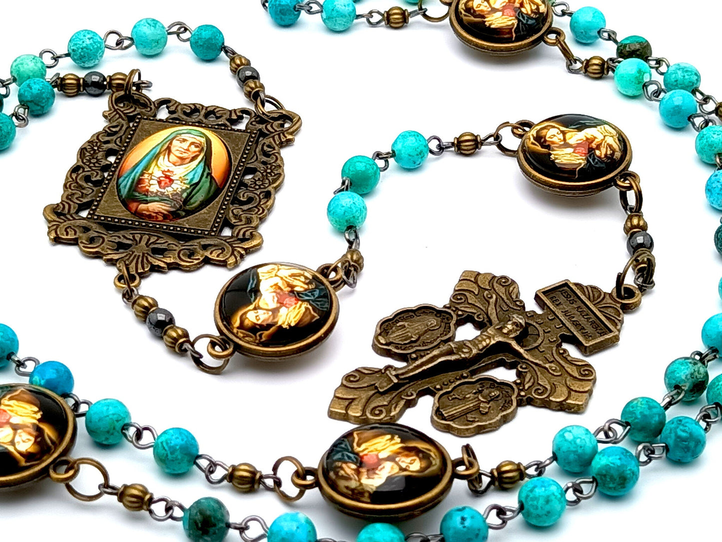 Our Lady of Sorrows unique rosary beads vintage style with turquoise gemstone beads and Our Lady of Divine Providence linking medals.