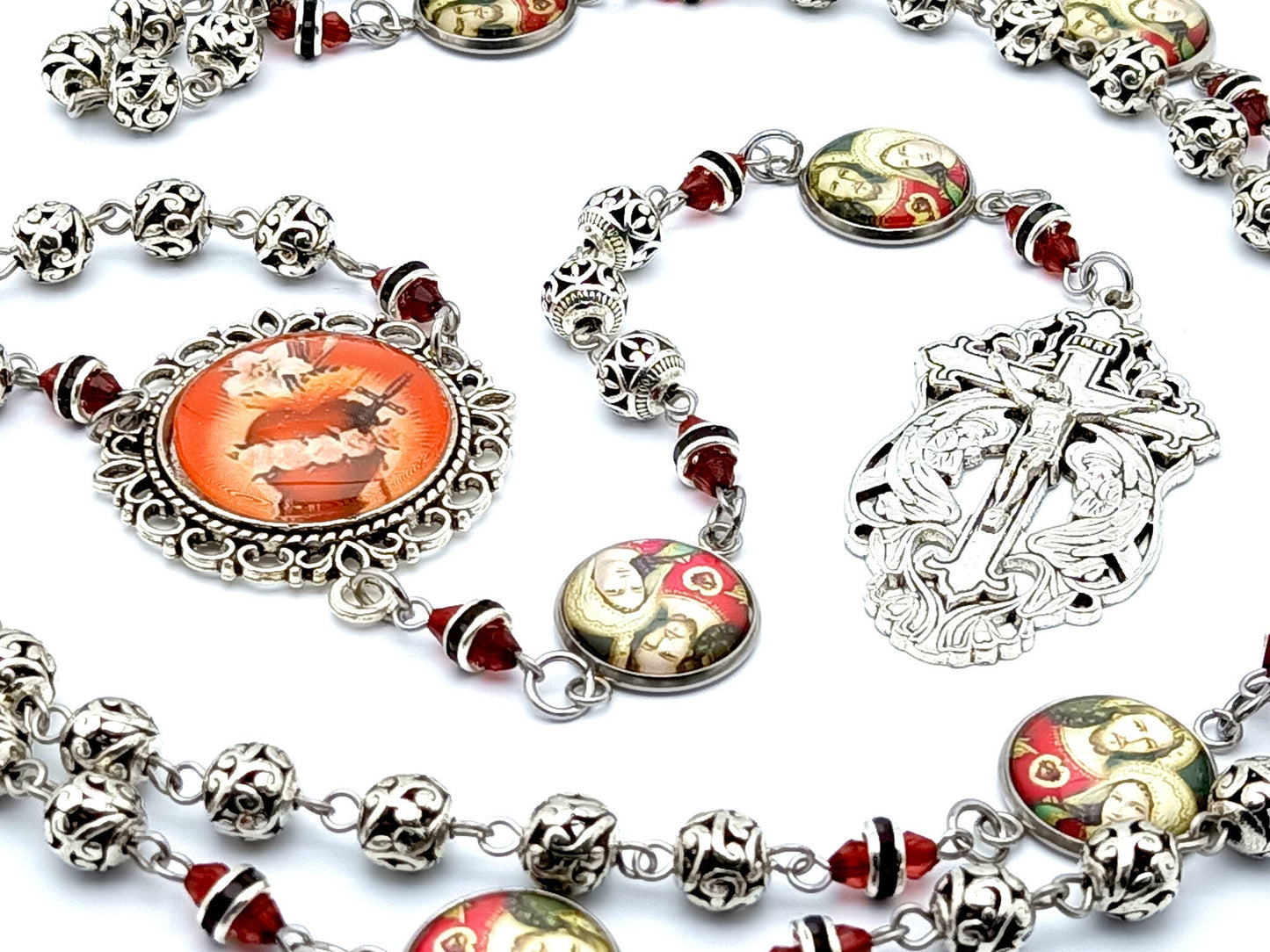Two Hearts of Jesus and Mary unique rosary beads with Tibetan silver beads, Holy Angels crucifix and picture linking medal beads.