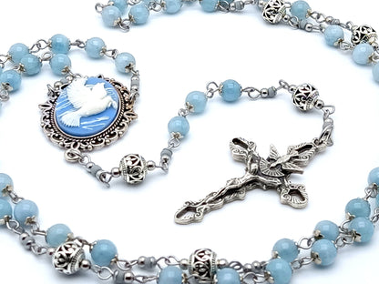 Holy Spirit cameo unique rosary beads with aquamarine gemstone and Tibetan silver beads and Holy Spirit crucifix.