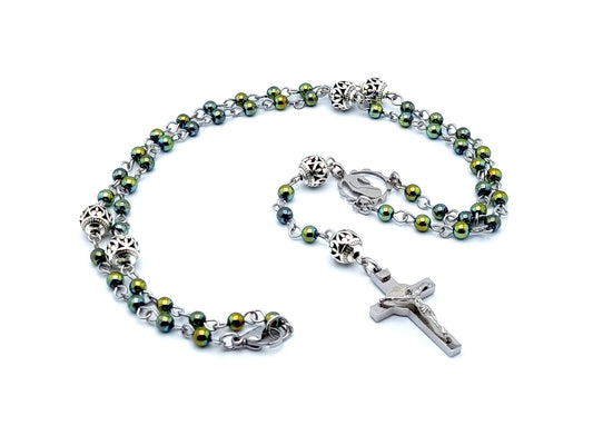 Miniature Virgin Mary unique rosary beads necklace with hematite gemstone beads and stainless steel crucifix.