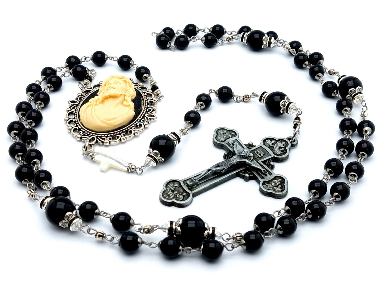 Crowning with Thorns cameo unique rosary beads onyx and Mother of pearl cross beads and Twelve Apostles crucifix.