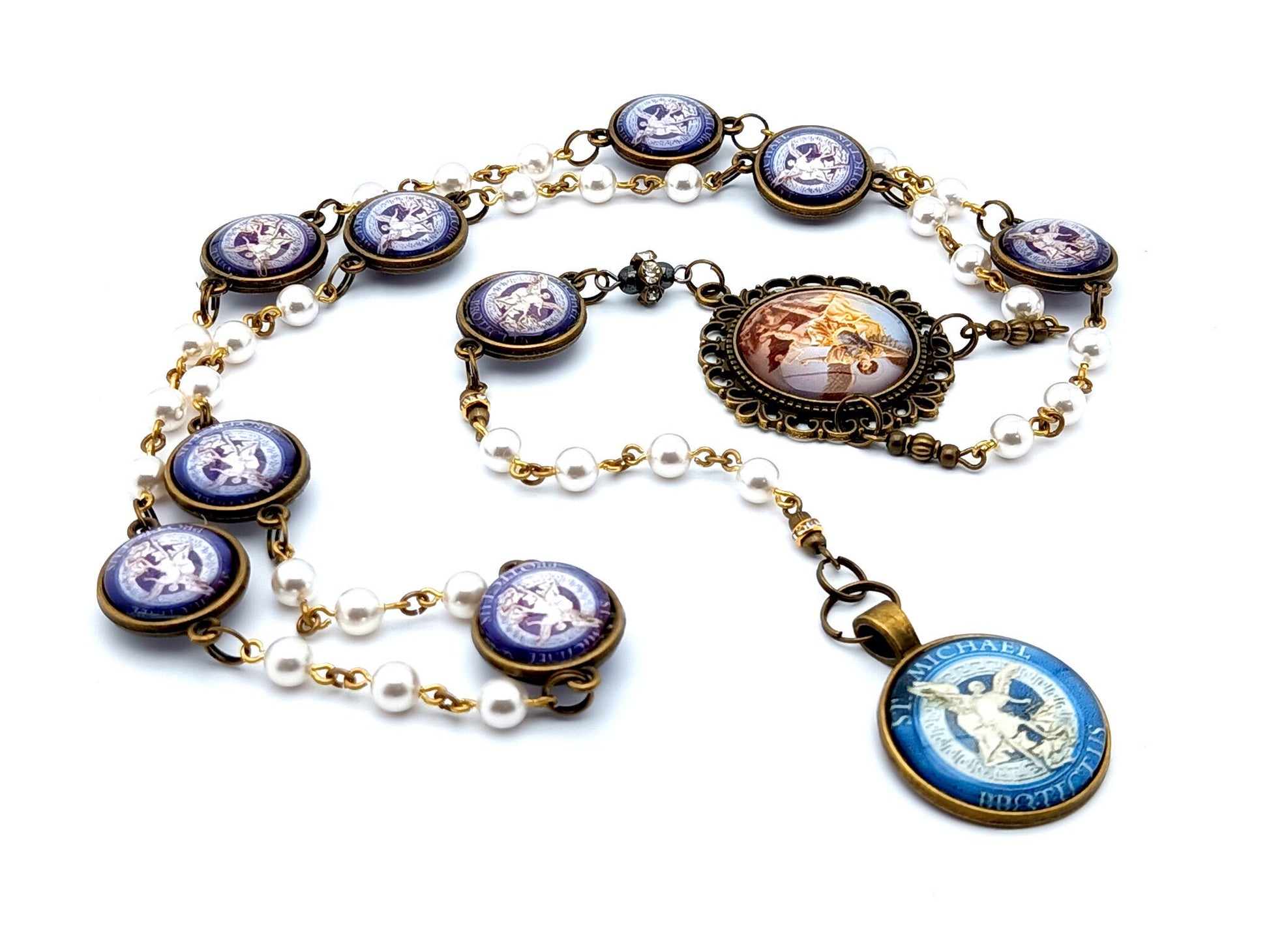 Saint Michael unique rosary beads vintage style pearl prayer chaplet with domed Saint Michael linking picture medals and large brass domed picture medal.