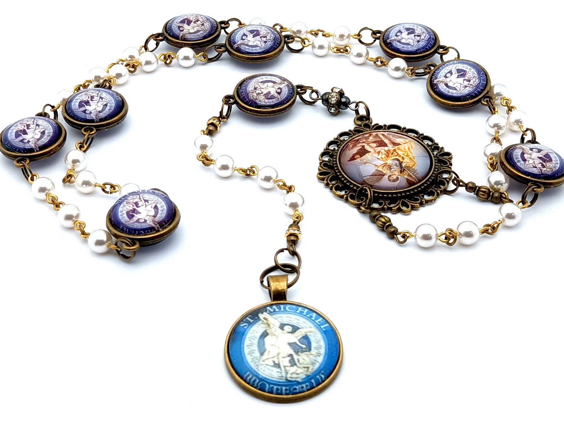 Saint Michael unique rosary beads vintage style pearl prayer chaplet with domed Saint Michael linking picture medals and large brass domed picture medal.