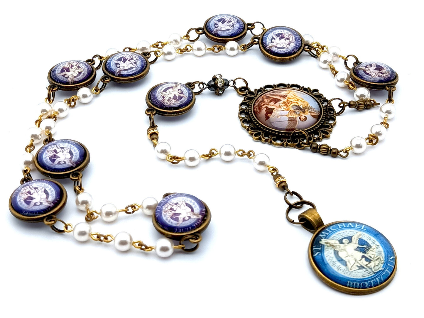 Saint Michael unique rosary beads vintage style pearl prayer chaplet with domed Saint Michael linking picture medals and large brass domed picture medal.