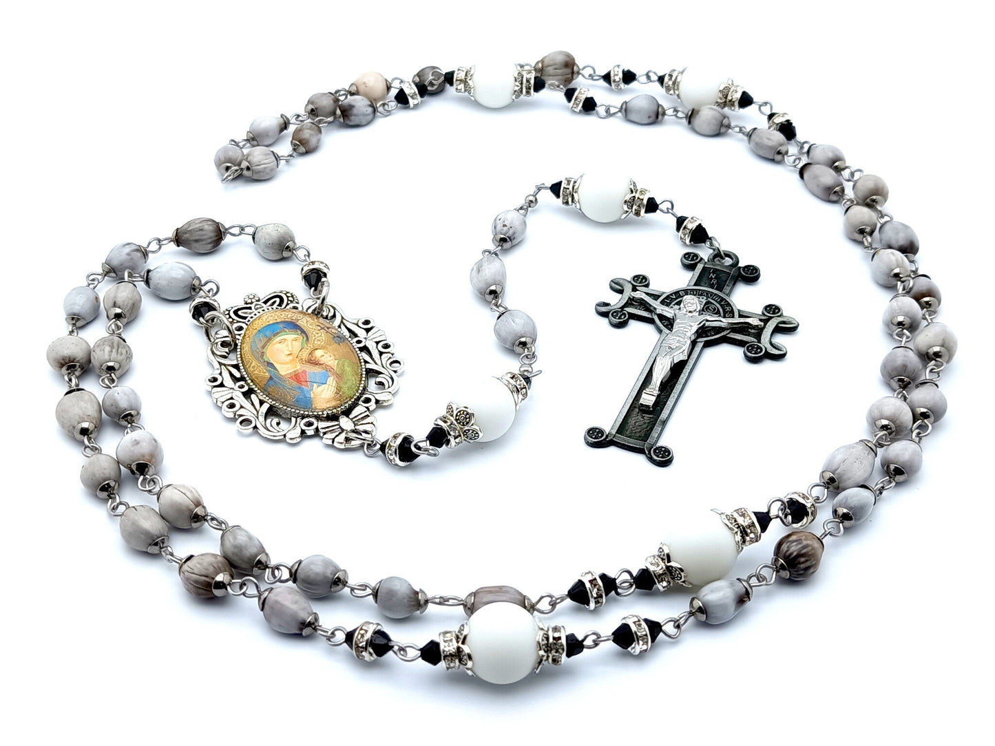 Our Lady of Perpetual Help unique rosary beads with Jobs Tears and alabaster gemstone beads and pewter style Saint Benedict crucifix.