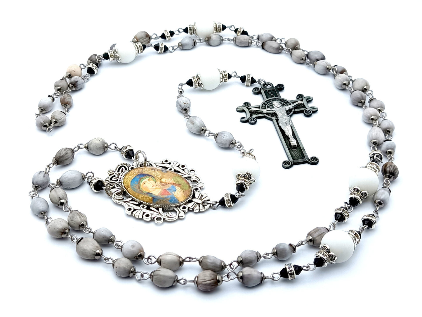 Our Lady of Perpetual Help unique rosary beads with Jobs Tears and alabaster gemstone beads and pewter style Saint Benedict crucifix.