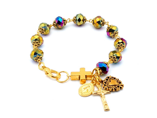 Miraculous medal unique rosry beads single decade rosary bracelet with purple and gold faceted glass beads and gold heart medal and crucifix.