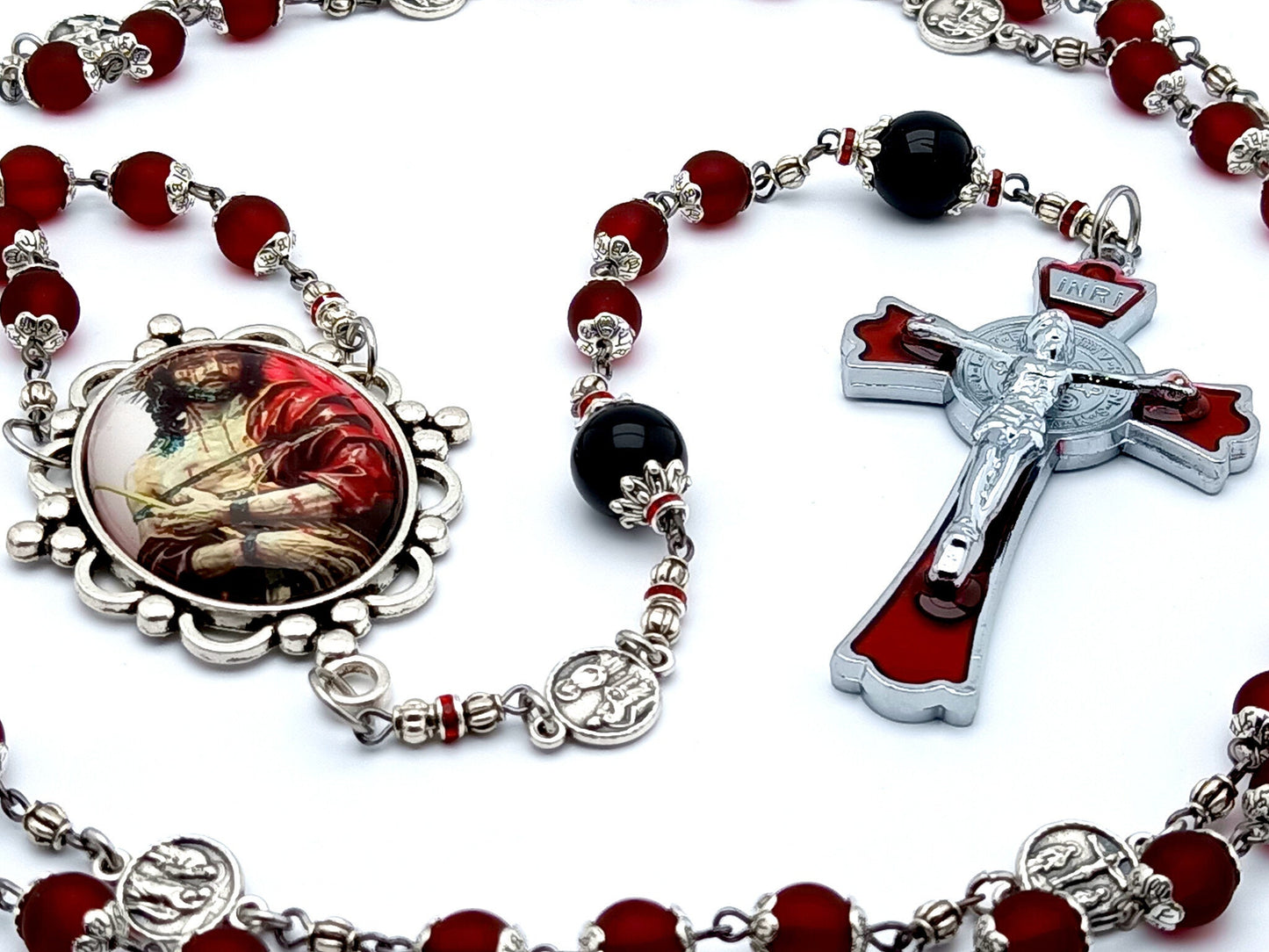 Passion of Christ unique rosary beads stations of the cross with red glass and onyx gemstone beads, Way of the Cross medals and red enamel Saint Benedict crucifix.