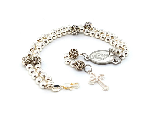 Sterling silver unique rosary beads bracelet with Miraculous medal center and 925 sterling silver linking cross.