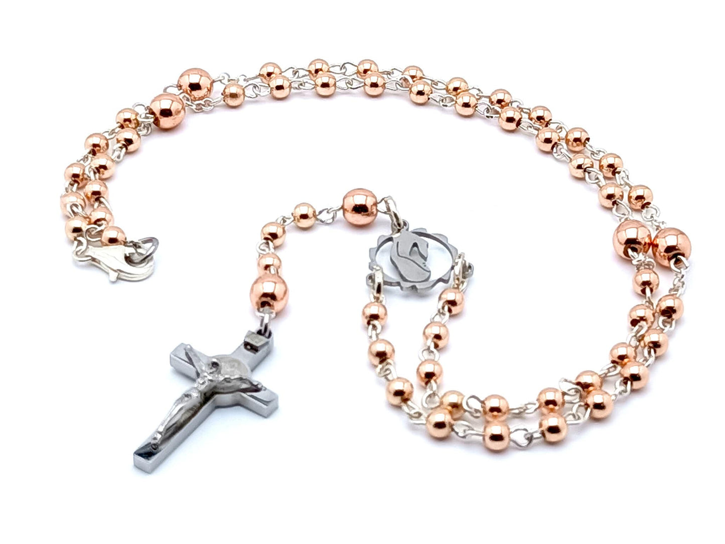 Sterling silver rose gold Madonna unique rosary beads with stainless steel Saint Benedict crucifix and 925 sterling silver wire.