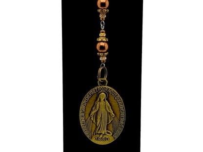 Vintage style Three Hail Mary unique rosary beads prayer chaplet with brass Miraculous medal and copper hematite gemstone beads on lobster purse clip.
