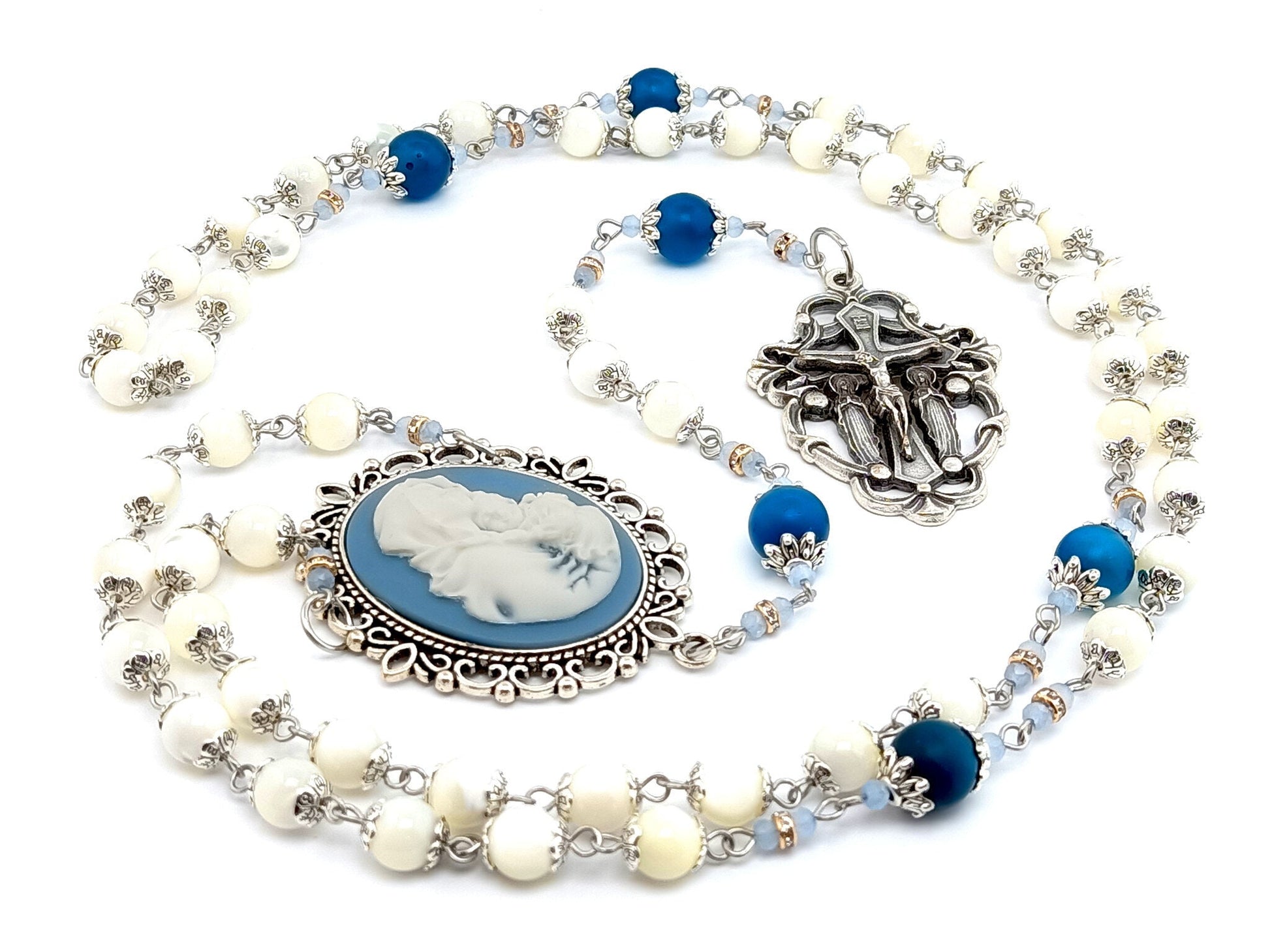 Virgin Mary cameo unique rosary beads with mother of pearl and agate rosary beads with Holy Angel crucifix.