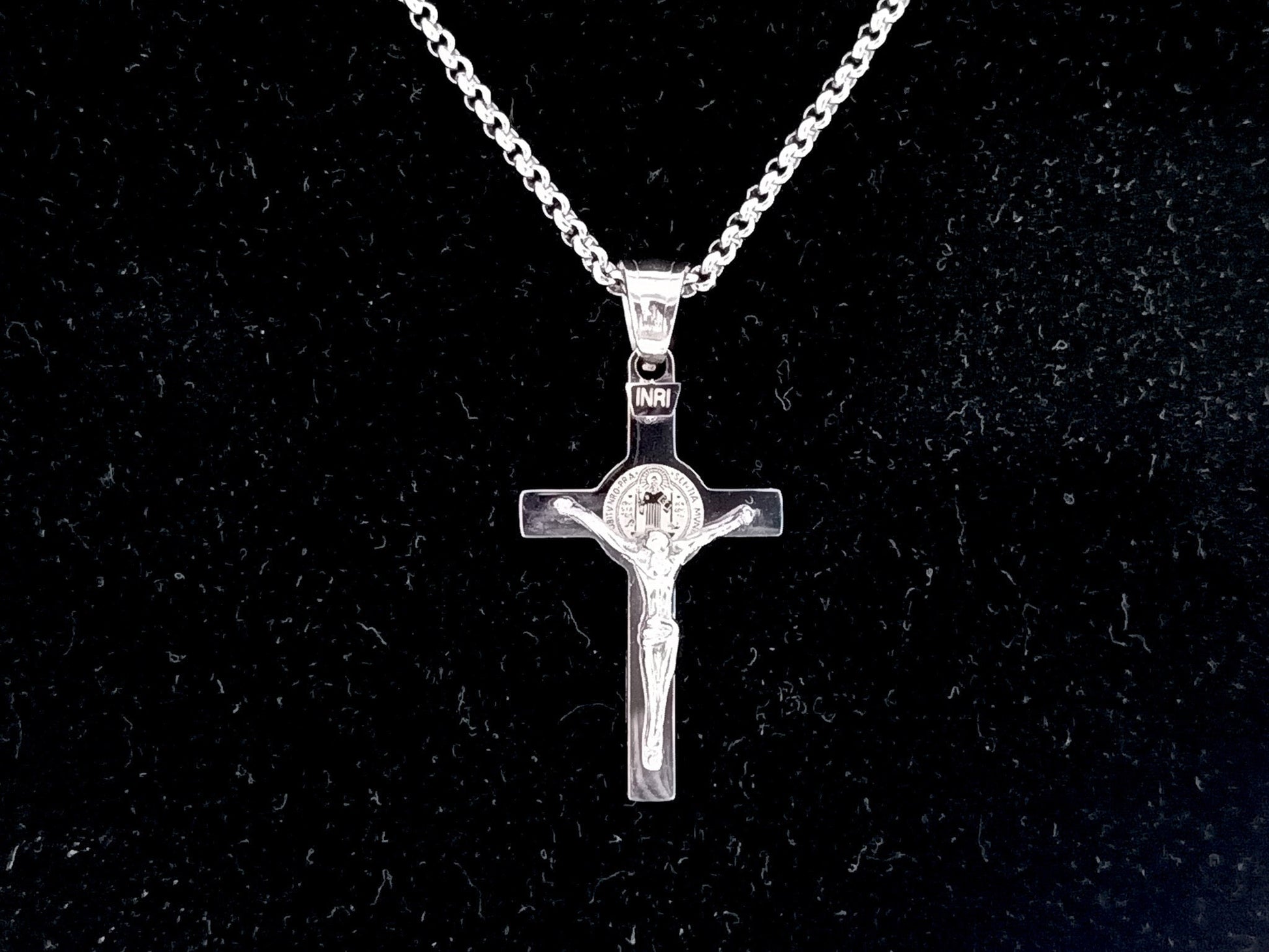 Saint Benedict unique rosary beads stainless steel crucifix with 20" stainless steel belcher chain necklace.
