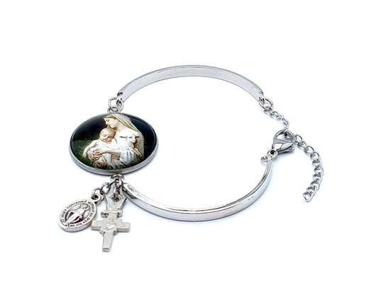 Mary and Jesus unique rosary beads single decade rosary bracelet with domed picture medal stainless adjustable bracelet with Holy Spirit cross and Miraculous medal.