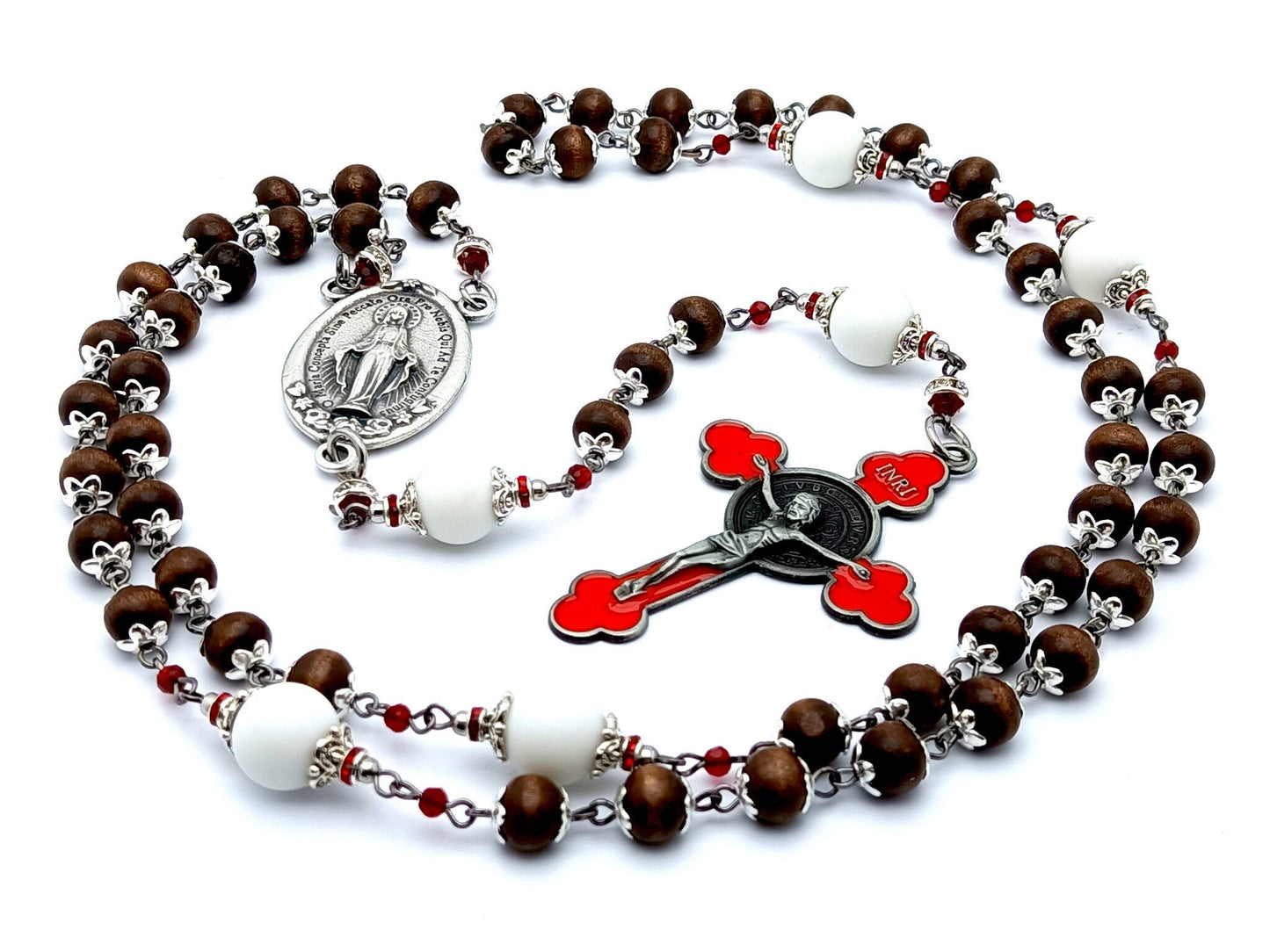 Miraculous medal unique rosary beads with wood and alabaster gemstone beads and red enamel Saint Benedict crucifix.