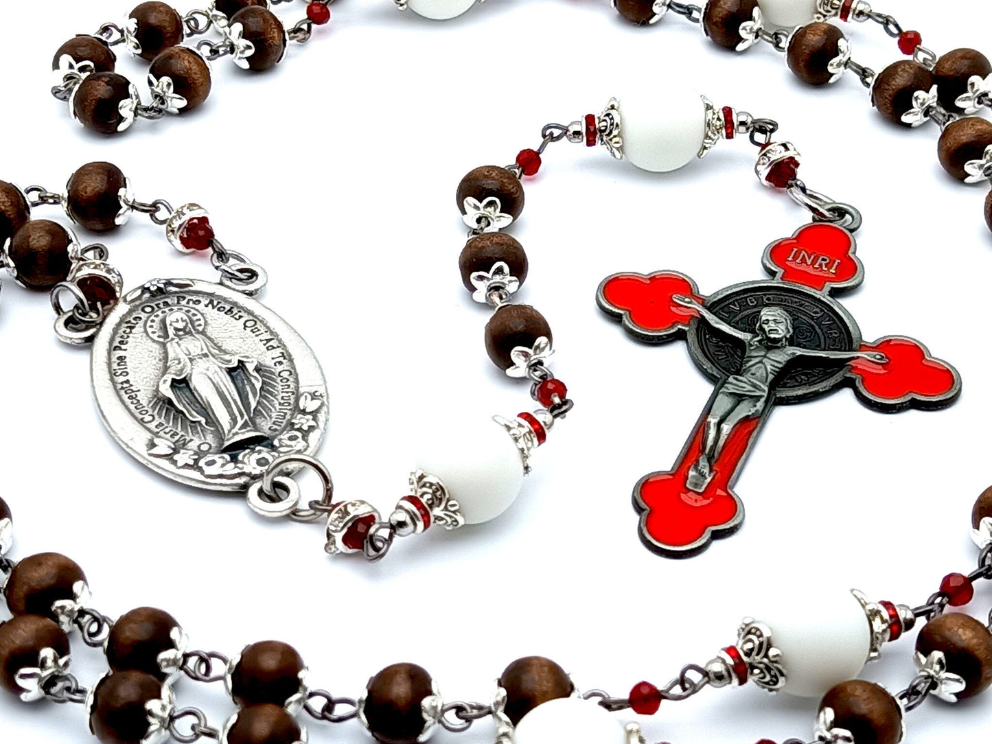 Miraculous medal unique rosary beads with wood and alabaster gemstone beads and red enamel Saint Benedict crucifix.