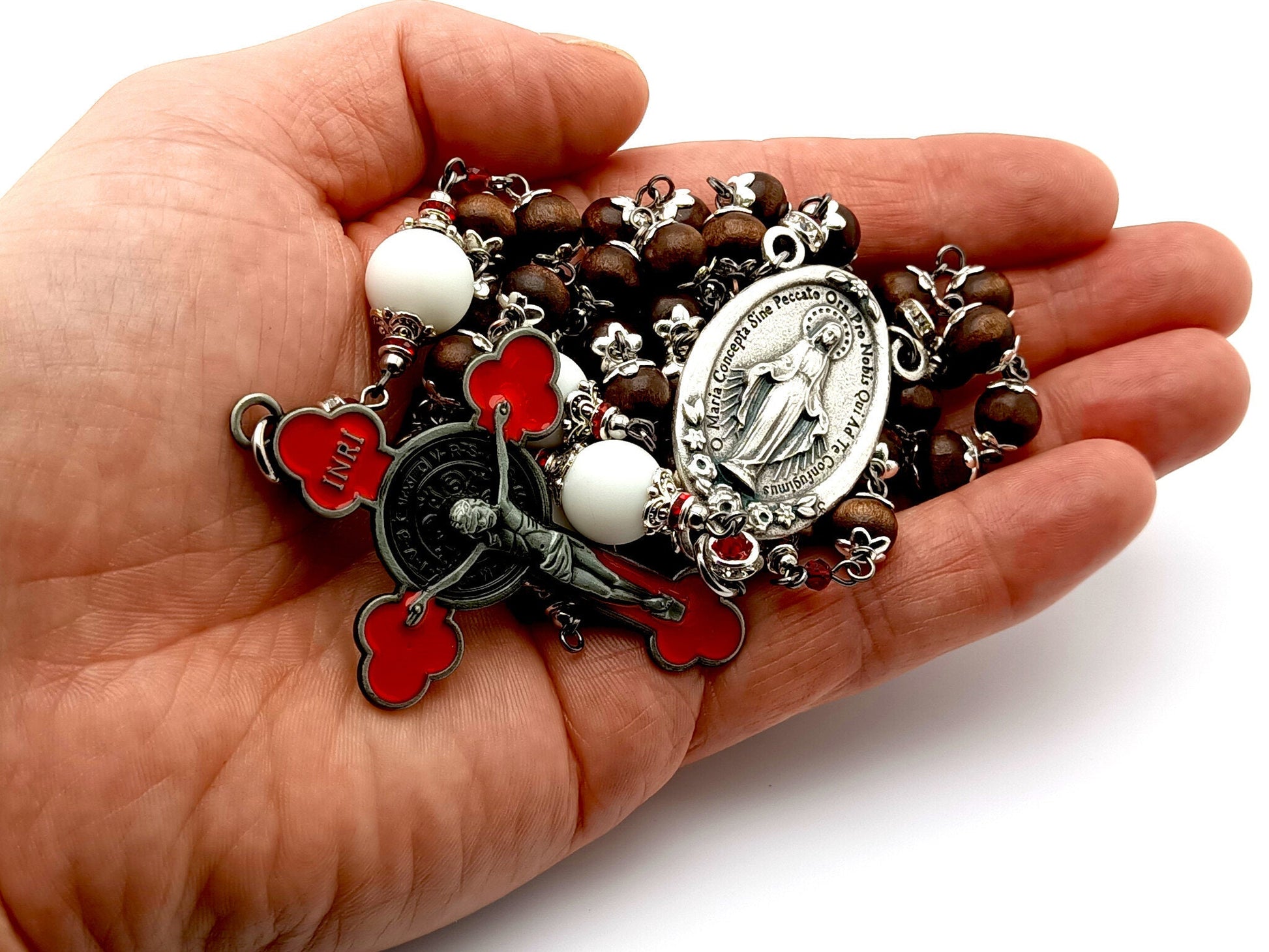 Miraculous medal unique rosary beads with wood and alabaster gemstone beads and red enamel Saint Benedict crucifix.