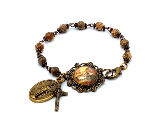 Our Lady of Perpetual Help unique rosary beads vintage style jasper gemstone single decade rosary bracelet with Miraculous medal and Saint Benedict crucifix.