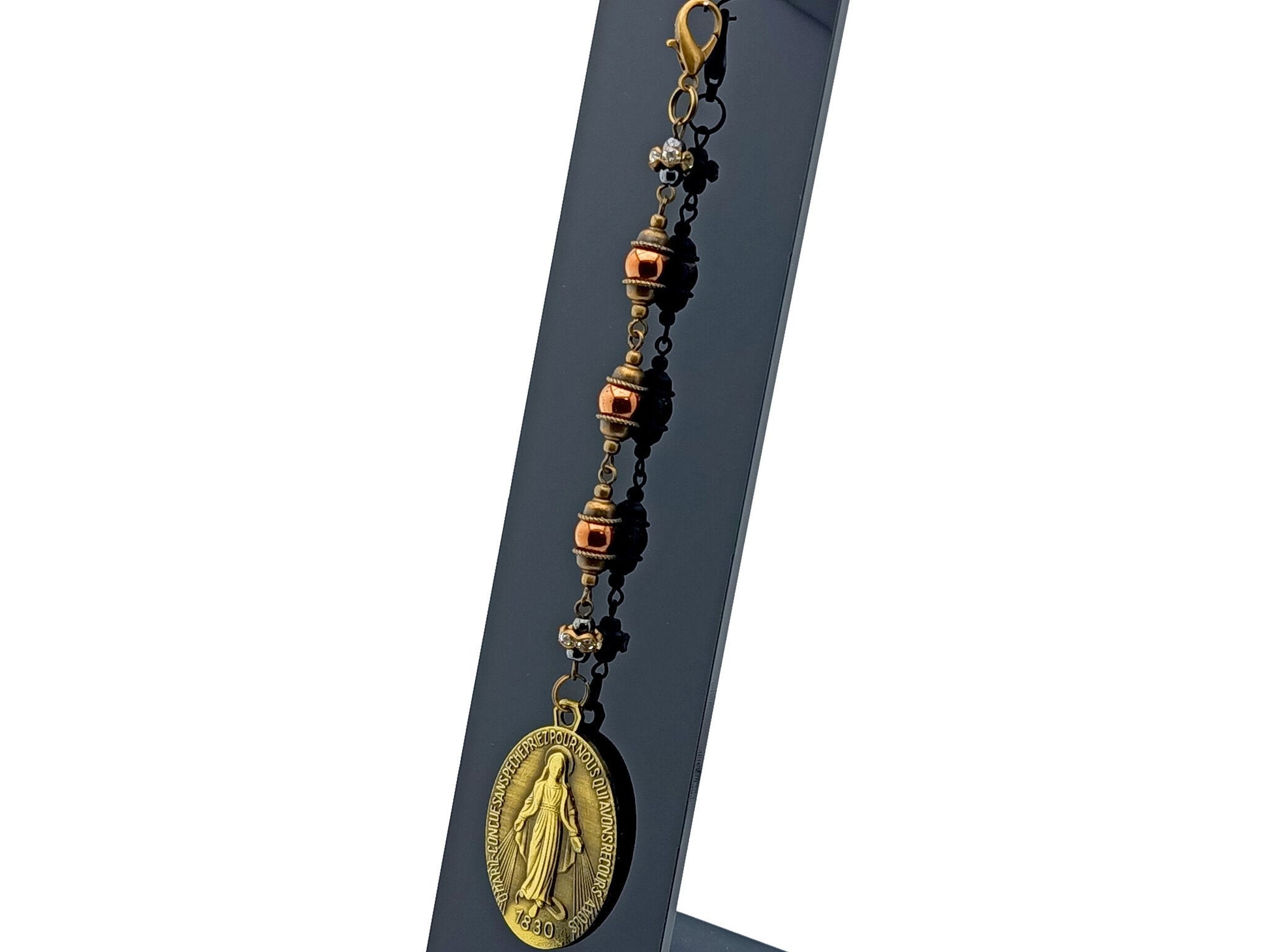 Vintage style Three Hail Mary unique rosary beads prayer chaplet with brass Miraculous medal and copper hematite gemstone bead on lobster purse clip.