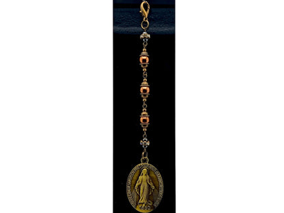 Vintage style Three Hail Mary unique rosary beads prayer chaplet with brass Miraculous medal and copper hematite gemstone bead on lobster purse clip.