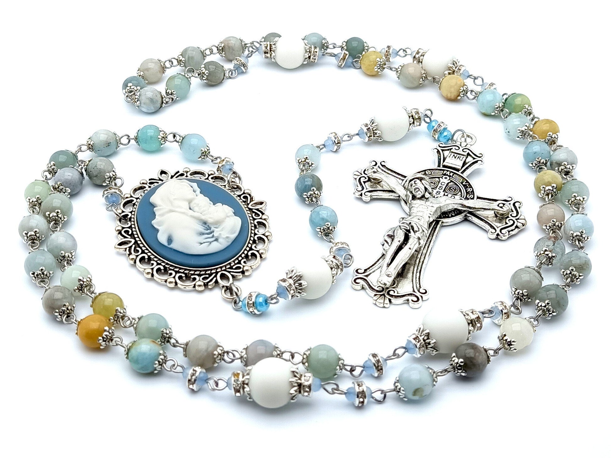 Mary and Jesus cameo unique rosary beads with aquamarine and alabaster gemstone rosary beads and Saint Benedict crucifix.