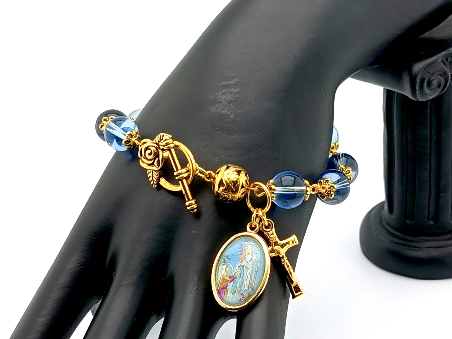 Our Lady of Lourdesunique rosary beads single decade rosary bracelet with gold and blue glass beads and gold crucifix.