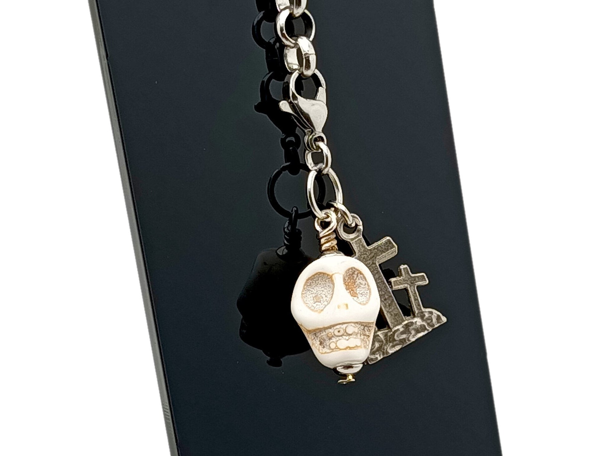 Large Memento Mori unique rosary beads howlite purse clip key fob key chain with stainless steel lobster clasp and three cross medal.