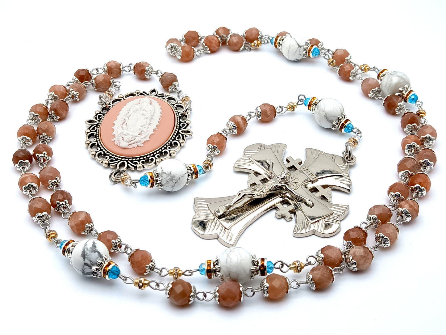 Our Lady of Guadalupe cameo unique rosary beads with faceted moonstone gemstone and howlite marbled beads and large silver crucifix.