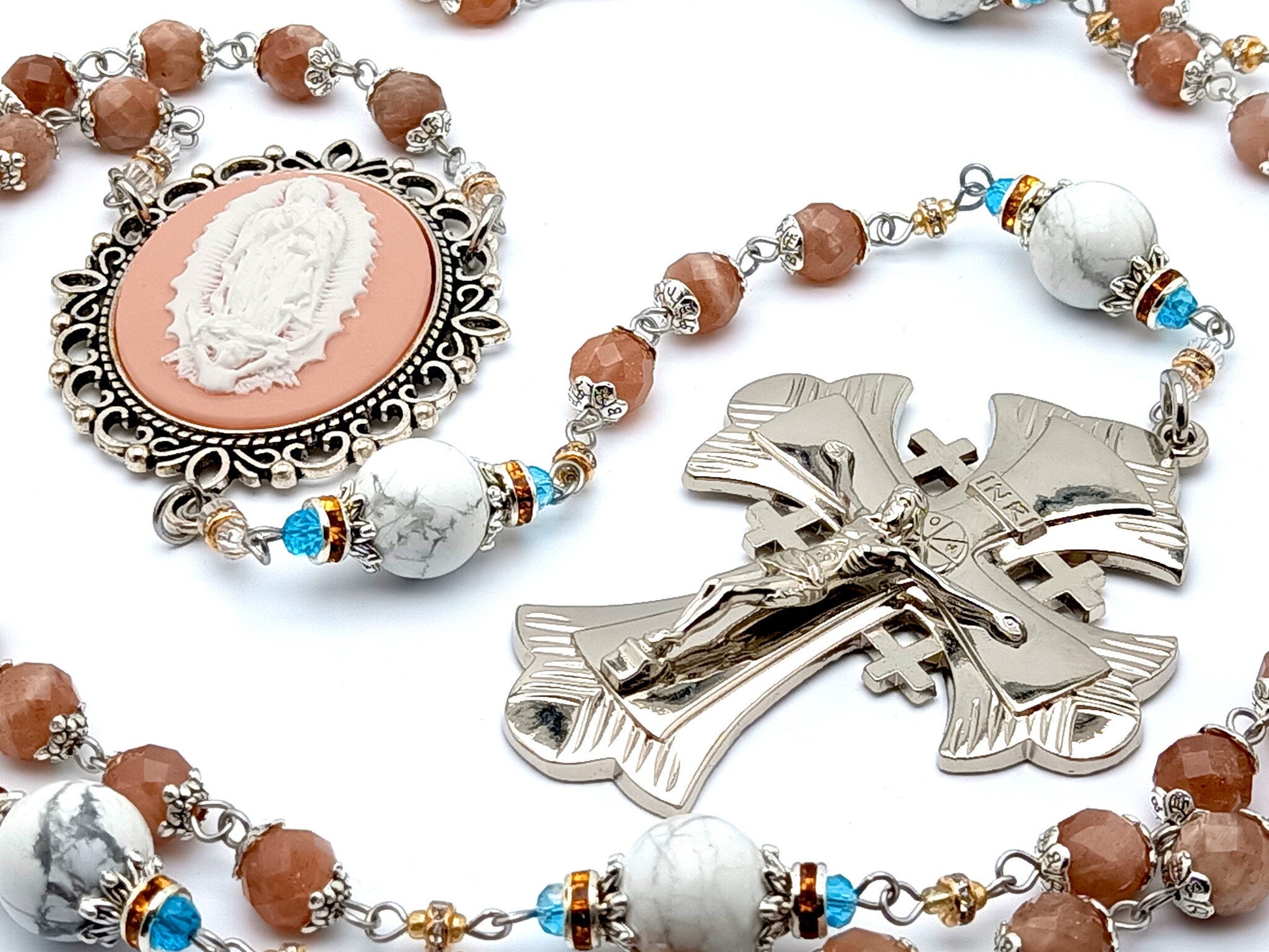 Our Lady of Guadalupe cameo unique rosary beads with faceted moonstone gemstone and howlite marbled beads and large silver crucifix.