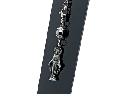 Our Lady of Grace unique rosary beads pewter medal with hematite gemstone bead on lobster purse clip.