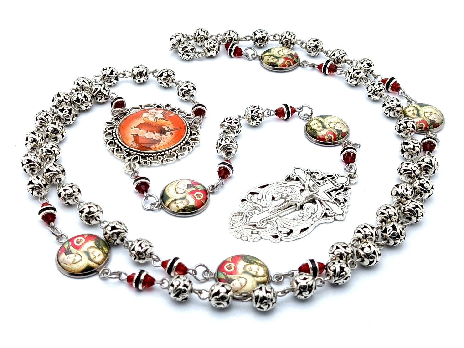 Two Hearts of Jesus and Mary unique rosary beads with Tibetan silver beads, Holy Angels crucifix and picture linking medal beads.