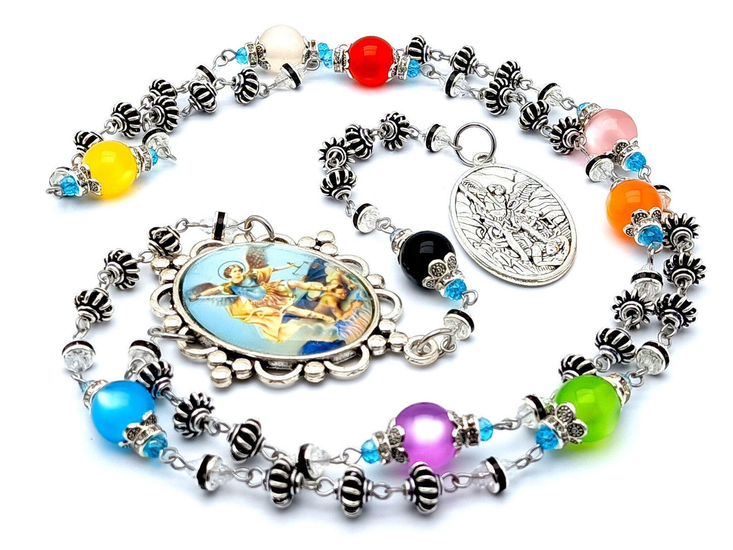 Saint Michael unique rosary beads prayer chaplet with Tibetan silver and coloured glass beads and Guardian Angel and Saint Michael medal.