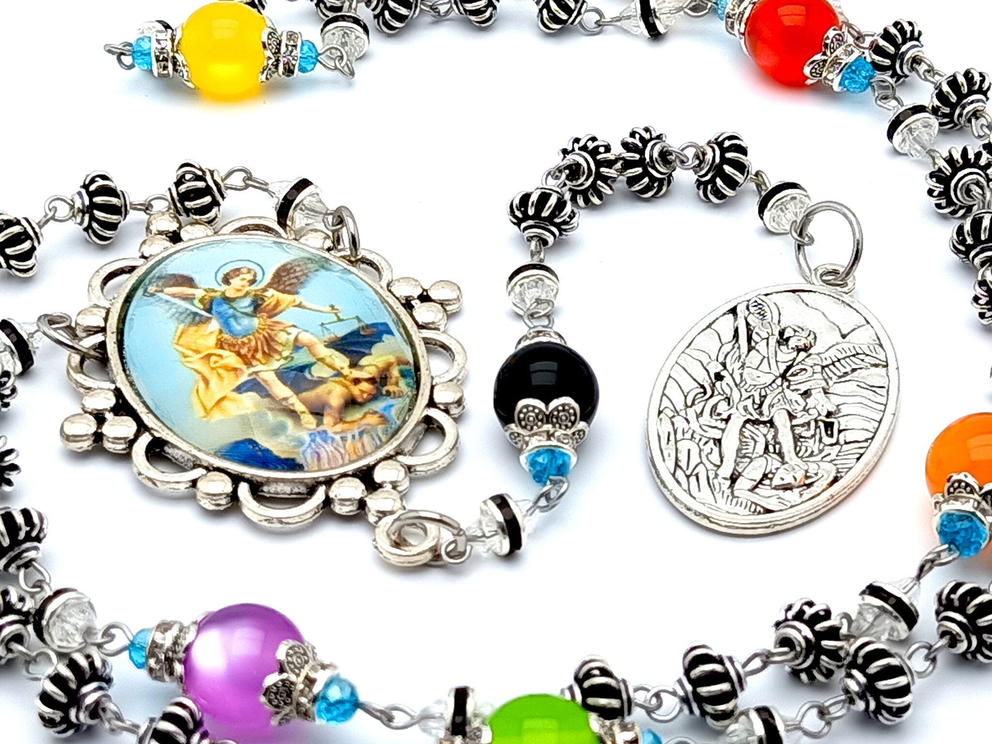 Saint Michael unique rosary beads prayer chaplet with Tibetan silver and coloured glass beads and Guardian Angel and Saint Michael medal.