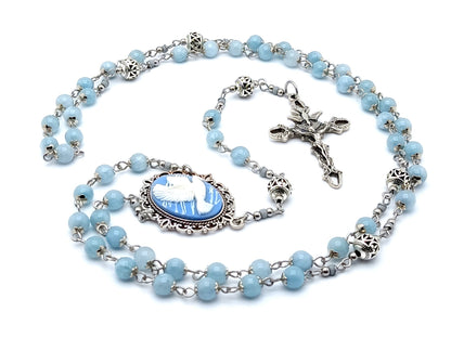Holy Spirit cameo unique rosary beads with aquamarine gemstone and Tibetan silver beads and Holy Spirit crucifix.