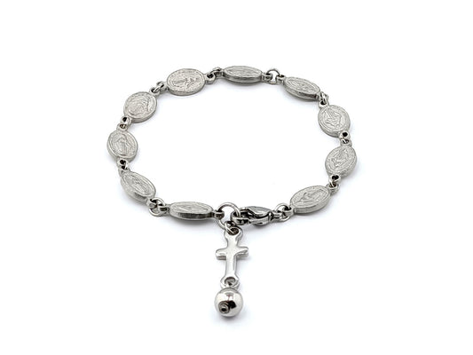 Stainless steel Miraculous medal unique rosary beads single decade rosary bracelet with linking cross medal.