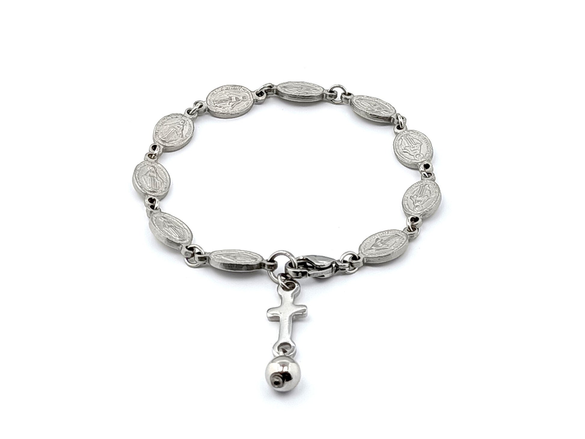 Stainless steel Miraculous medal unique rosary beads single decade rosary bracelet with linking cross medal.