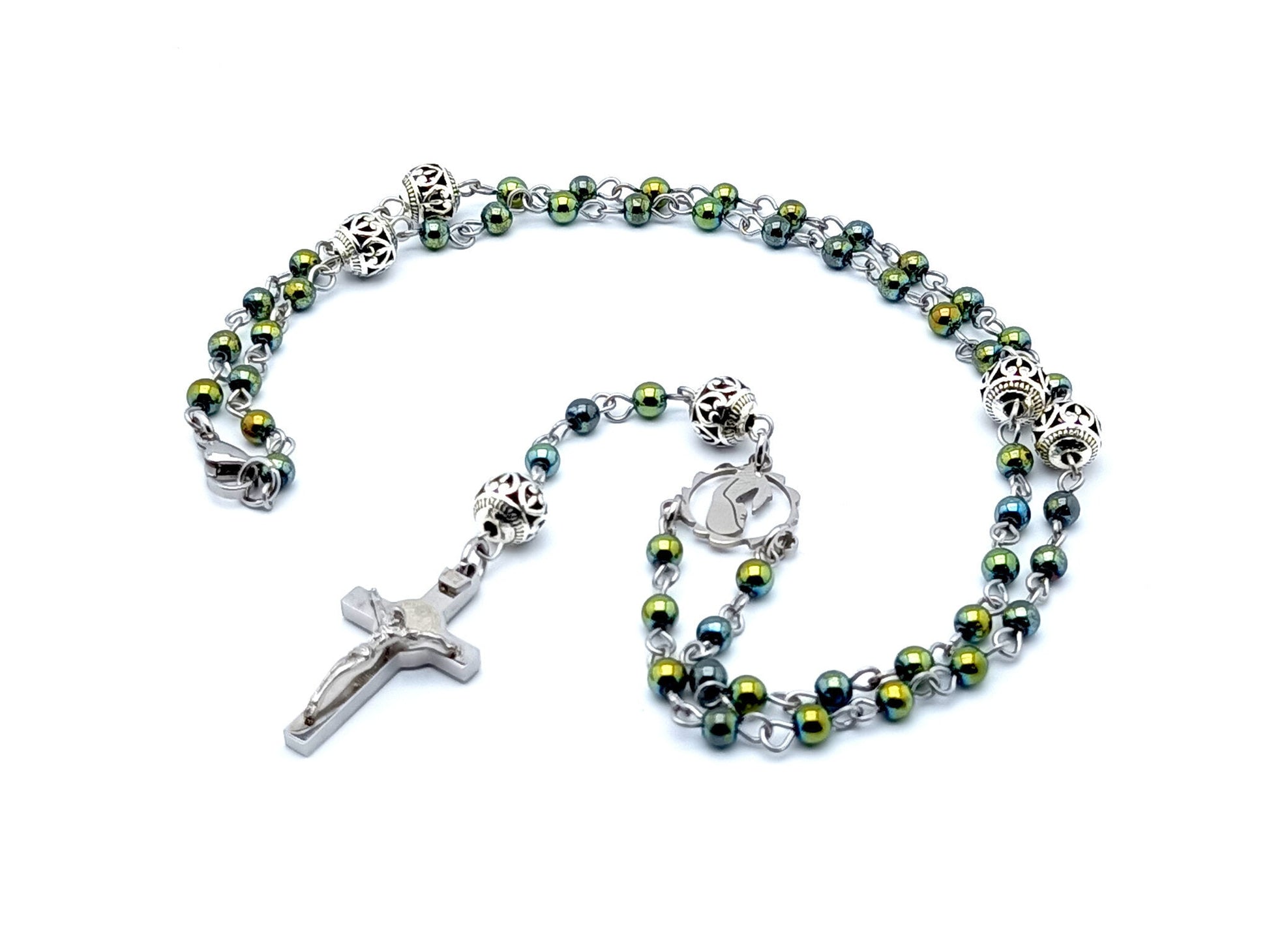Miniature Virgin Mary unique rosary beads necklace with hematite gemstone beads and stainless steel crucifix.