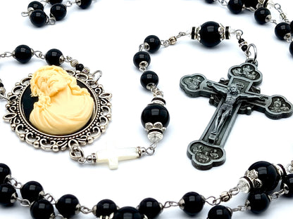 Crowning with Thorns cameo unique rosary beads onyx and Mother of pearl cross beads and Twelve Apostles crucifix.