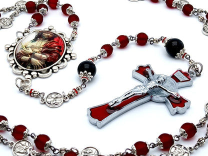 Passion of Christ unique rosary beads stations of the cross with red glass and onyx gemstone beads, Way of the Cross medals and red enamel Saint Benedict crucifix.