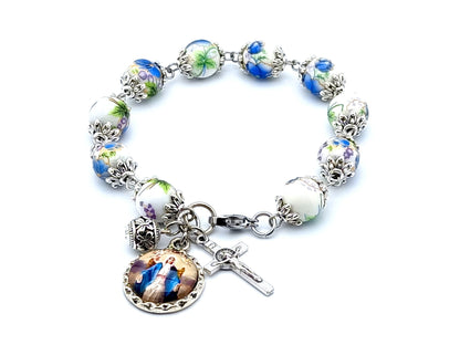 Our Lady of Grace unique rosary beads single decade rosary bracelet with floral porcelain and Tibetan silver beads and Saint Benedict crucifix.