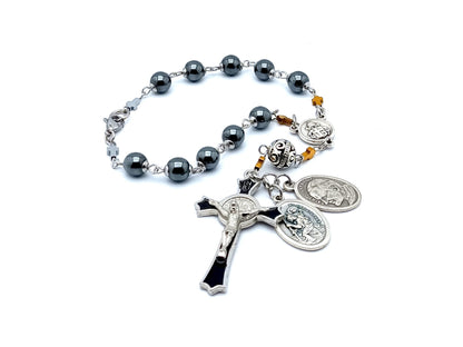 Saint John Paul II Papal unique rosary beads with hematite gemstone beads and Saint Christopher medal and Saint Benedict crucifix.