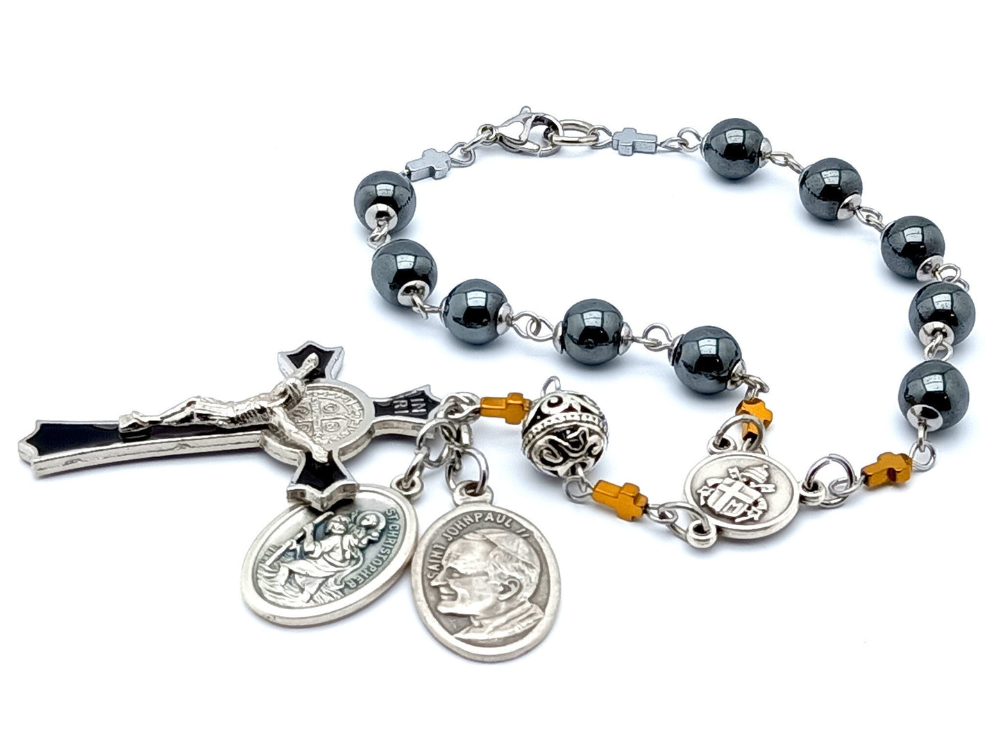 Saint John Paul II Papal unique rosary beads with hematite gemstone beads and Saint Christopher medal and Saint Benedict crucifix.