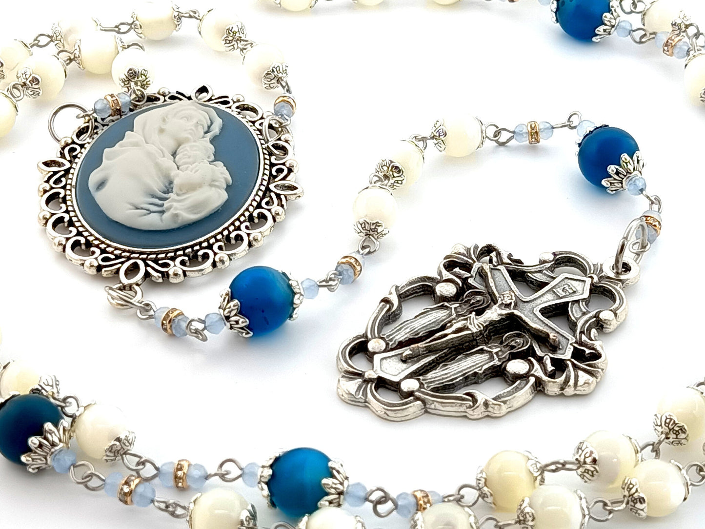 Virgin Mary cameo unique rosary beads with mother of pearl and agate rosary beads with Holy Angel crucifix.