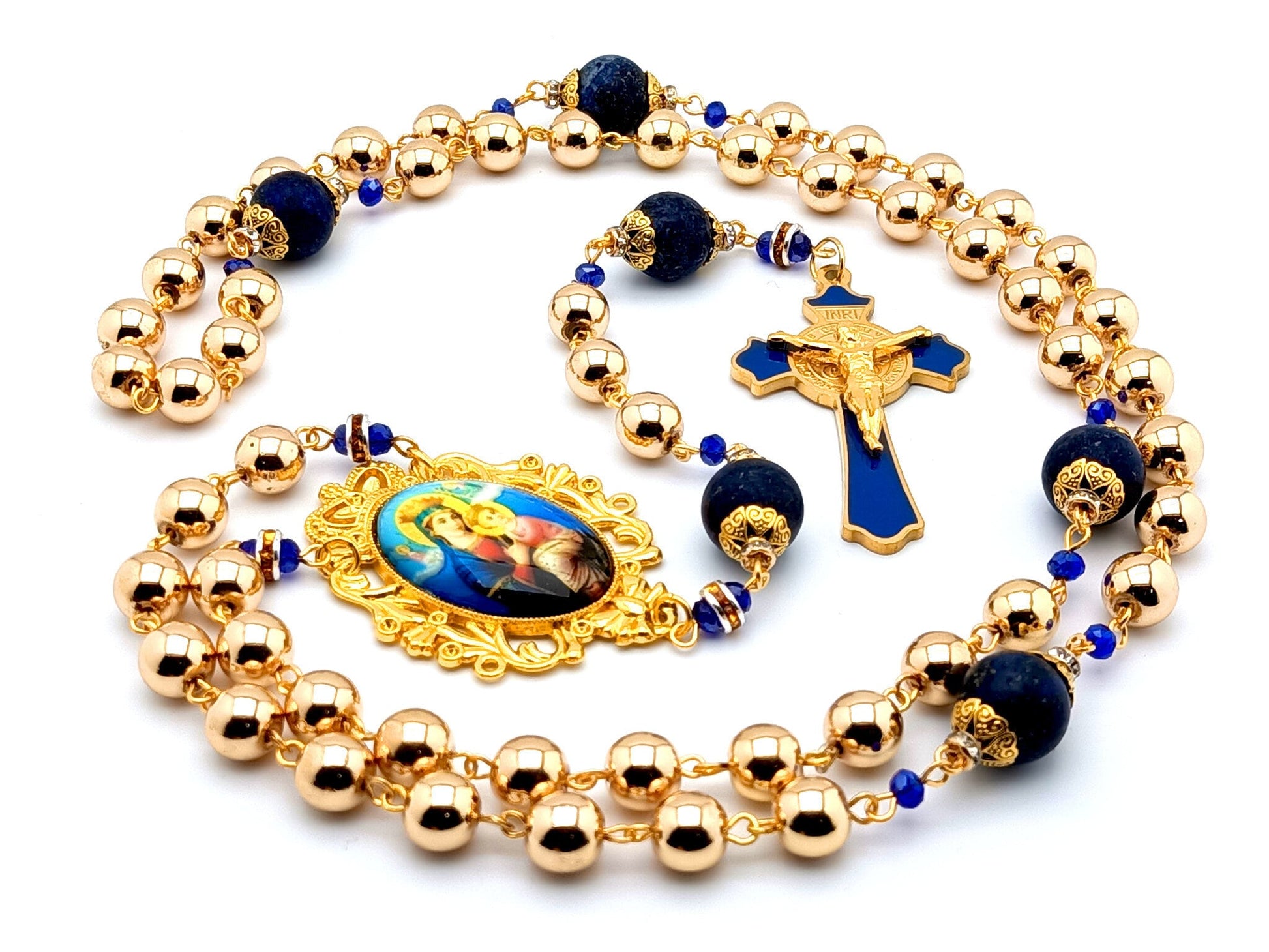 Our Lady of Perpetual Help unique rosary beads with lapis lazuli and hematite gemstone beads and blue enamel Saint Benedict stainless steel crucifix.