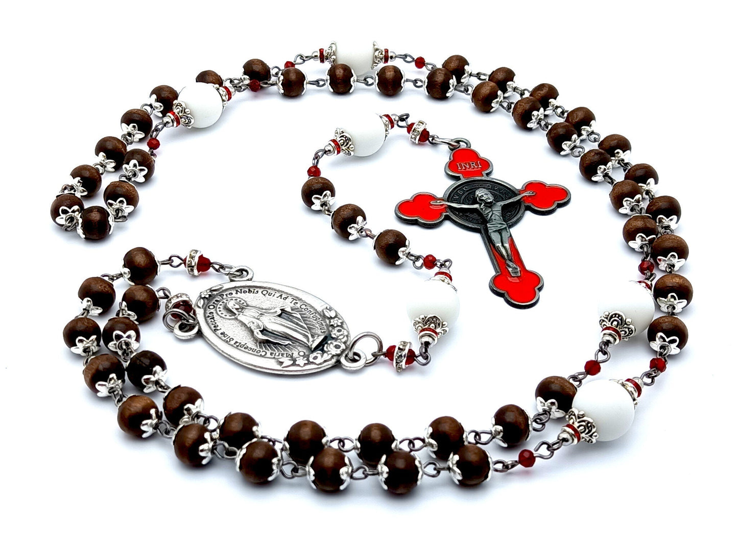 Miraculous medal unique rosary beads with wood and alabaster gemstone beads and red enamel Saint Benedict crucifix.