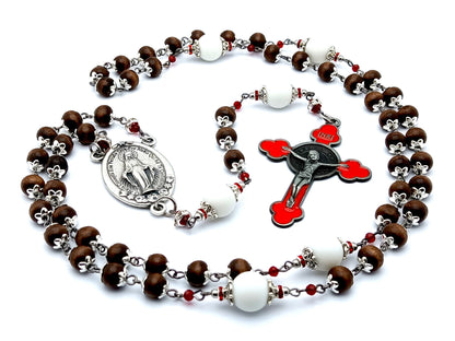 Miraculous medal unique rosary beads with wood and alabaster gemstone beads and red enamel Saint Benedict crucifix.