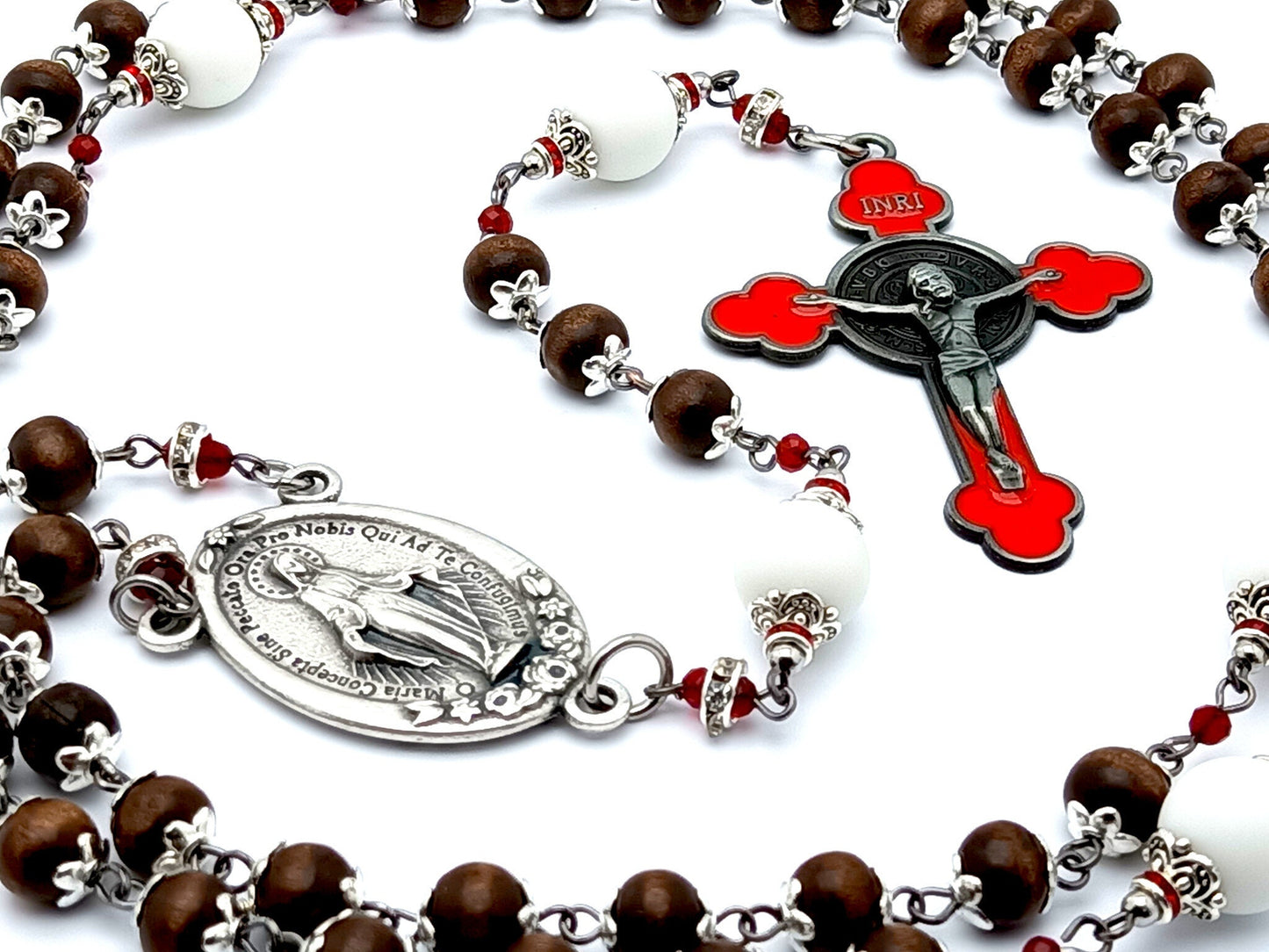 Miraculous medal unique rosary beads with wood and alabaster gemstone beads and red enamel Saint Benedict crucifix.