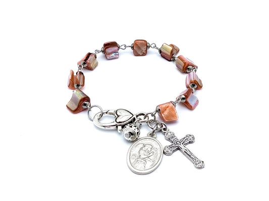Saint Angel Gabriel unique rosary beads shell and Tibetan silver single decade rosary bead bracelet with Holy trinity crucifix and heart lobster clasp.